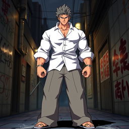 A tall and muscular delinquent character named Kiyomasa from the anime Tokyo Revengers, dressed in a loose-fitting white shirt and wide trousers typical of Japanese fashion, exuding a confident and rebellious aura