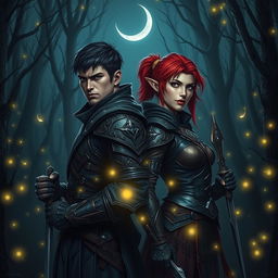 An atmospheric fantasy scene depicting two fierce warriors standing back-to-back in a moonlit forest