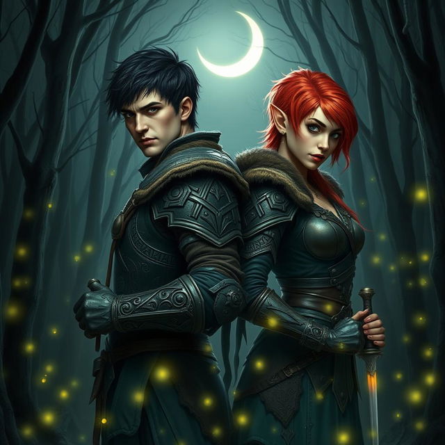 An atmospheric fantasy scene depicting two fierce warriors standing back-to-back in a moonlit forest