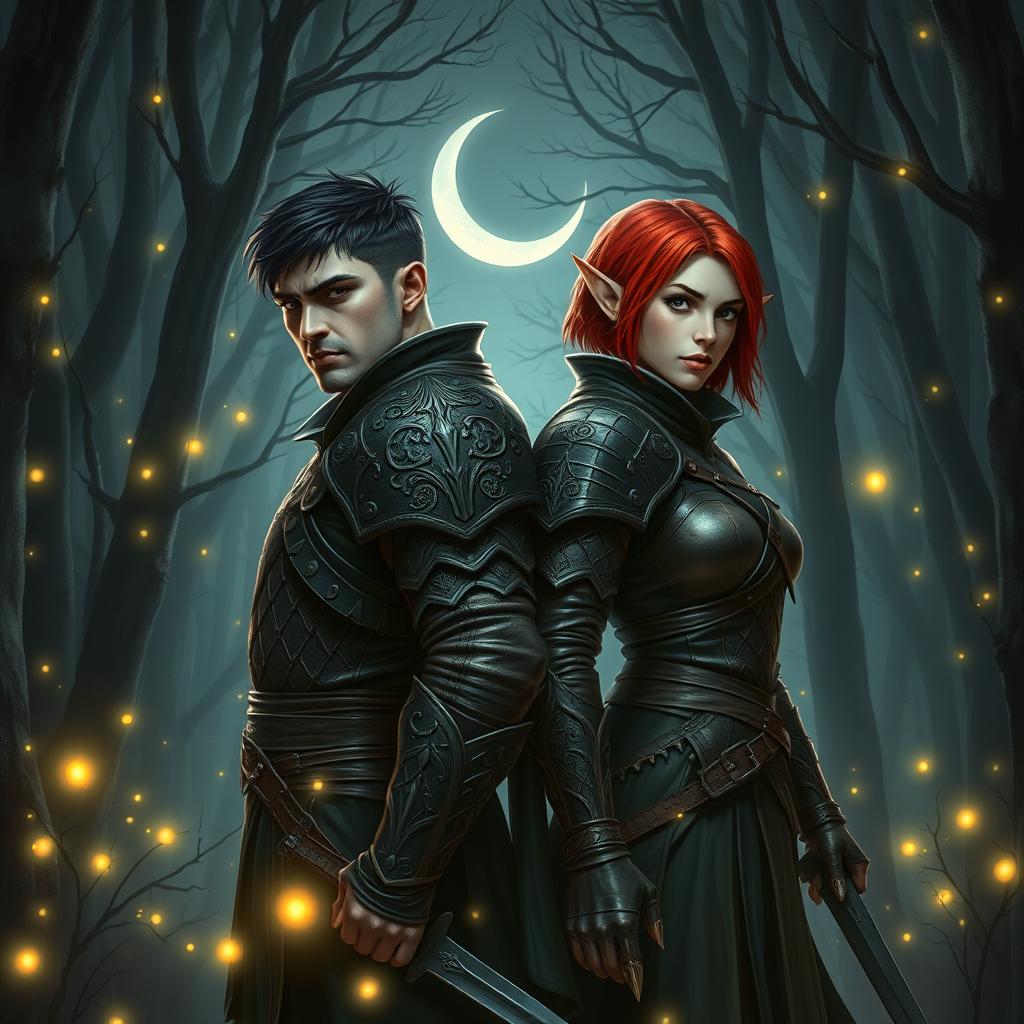 An atmospheric fantasy scene depicting two fierce warriors standing back-to-back in a moonlit forest