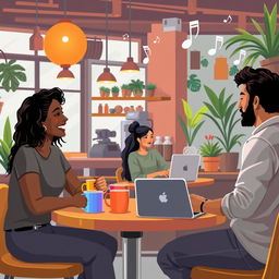 A visually engaging scene depicting a diverse group of people engaging in interpersonal communication in a vibrant, urban coffee shop