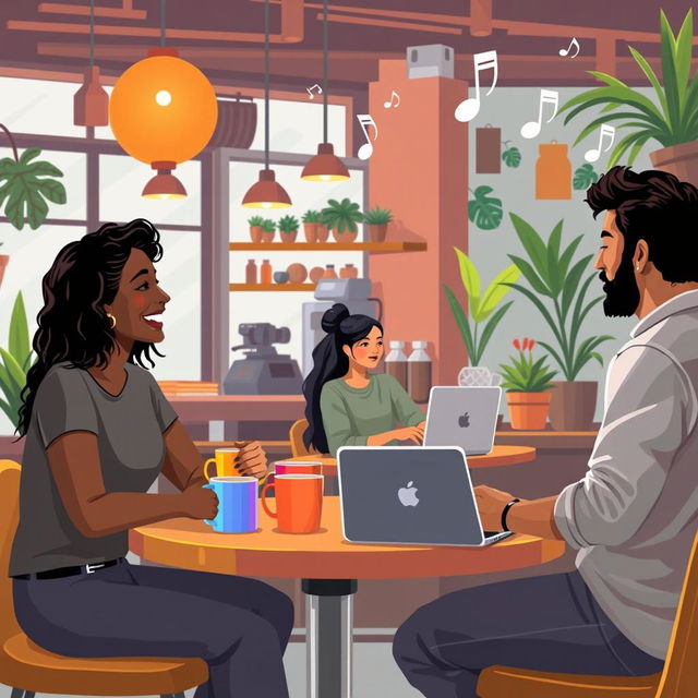 A visually engaging scene depicting a diverse group of people engaging in interpersonal communication in a vibrant, urban coffee shop