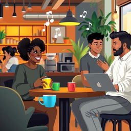 A visually engaging scene depicting a diverse group of people engaging in interpersonal communication in a vibrant, urban coffee shop
