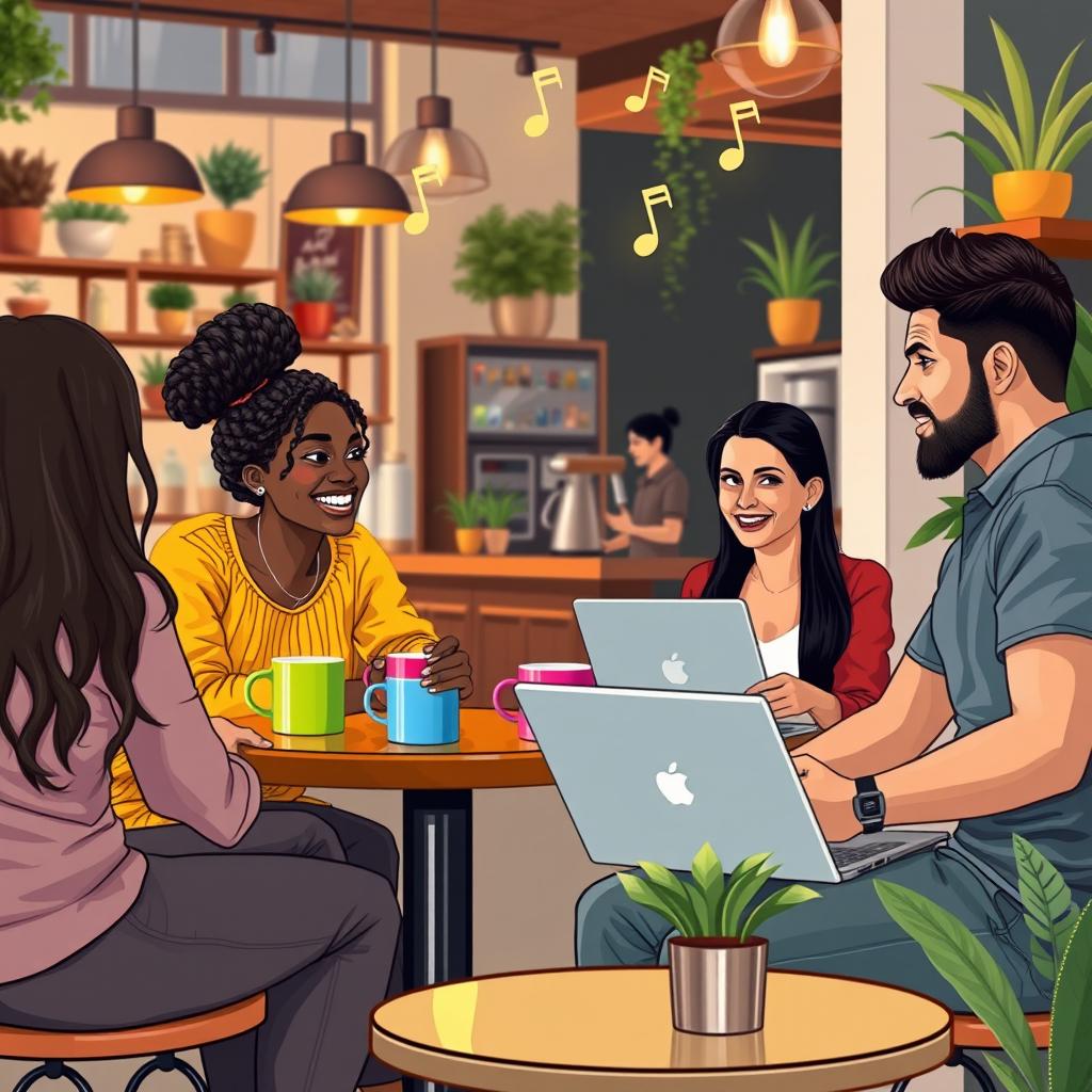 A visually engaging scene depicting a diverse group of people engaging in interpersonal communication in a vibrant, urban coffee shop