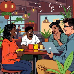 A visually engaging scene depicting a diverse group of people engaging in interpersonal communication in a vibrant, urban coffee shop
