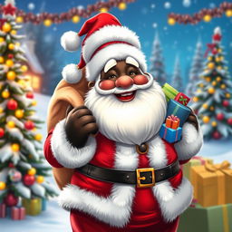 A Black Santa Wojak character, depicted as a plump, jolly man with a large beard, wearing a traditional red and white Santa costume with fluffy trim