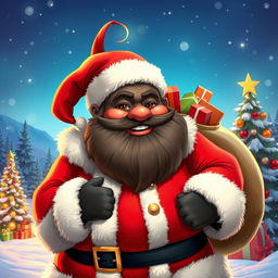A Black Santa Wojak character, depicted as a plump, jolly man with a large beard, wearing a traditional red and white Santa costume with fluffy trim