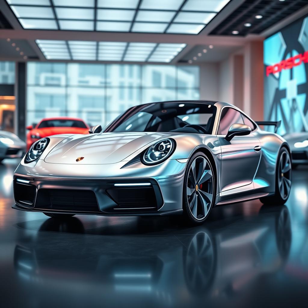 A photorealistic image of the 2025 Porsche 911 situated in a luxury car dealership, featuring a futuristic twist