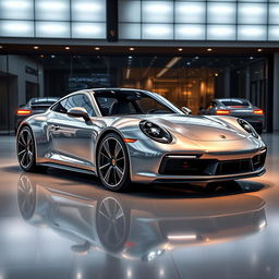 A photorealistic image of the 2025 Porsche 911 situated in a luxury car dealership, featuring a futuristic twist