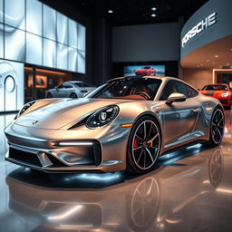 A photorealistic image of the 2025 Porsche 911 situated in a luxury car dealership, featuring a futuristic twist