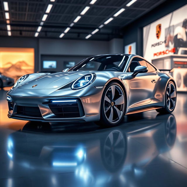 A photorealistic image of the 2025 Porsche 911 situated in a luxury car dealership, featuring a futuristic twist