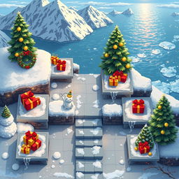 A top-down seamless pixel art background of a cozy winter-themed area featuring multiple tiled square platforms, each one adorned with colorful Christmas presents