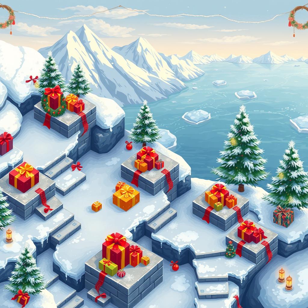 A top-down seamless pixel art background of a cozy winter-themed area featuring multiple tiled square platforms, each one adorned with colorful Christmas presents