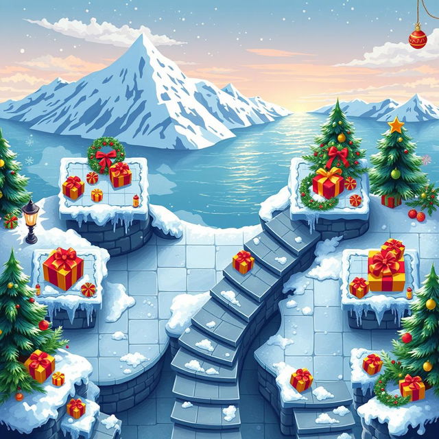 A top-down seamless pixel art background of a cozy winter-themed area featuring multiple tiled square platforms, each one adorned with colorful Christmas presents