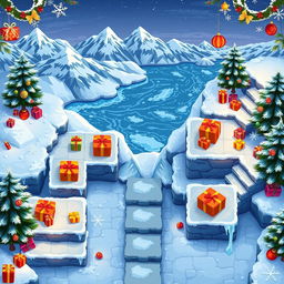 A top-down seamless pixel art background of a cozy winter-themed area featuring multiple tiled square platforms, each one adorned with colorful Christmas presents