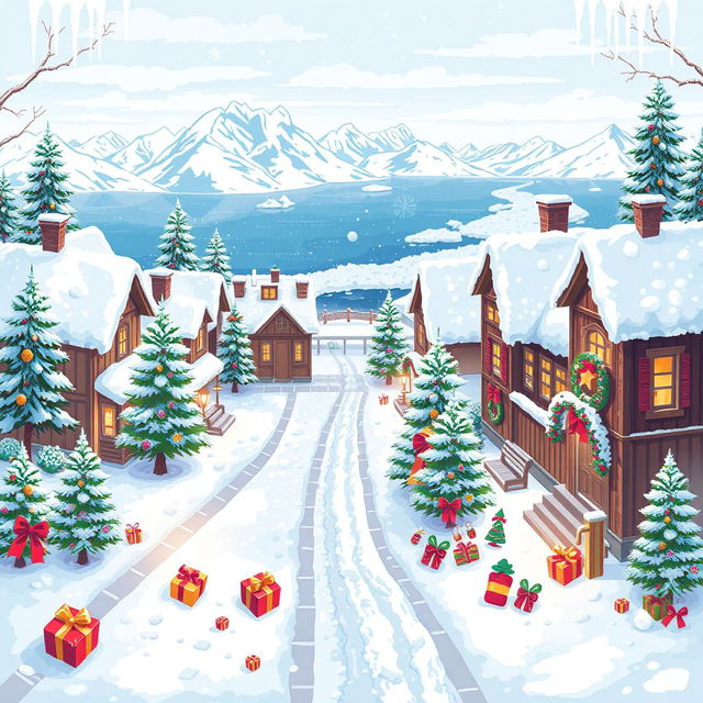 A top-down seamless pixel art background of a cozy winter-themed Christmas town