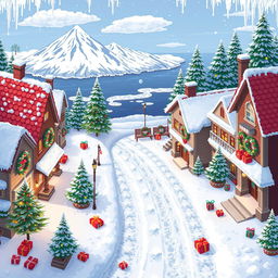 A top-down seamless pixel art background of a cozy winter-themed Christmas town