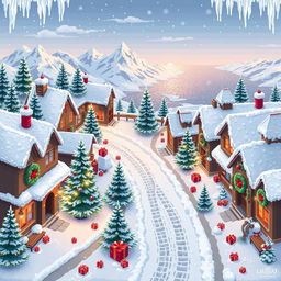 A top-down seamless pixel art background of a cozy winter-themed Christmas town