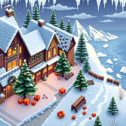 A top-down seamless pixel art background of a cozy winter-themed Christmas town