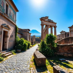 A detailed view of the preserved streets and buildings in Pompeii, showcasing the ancient Roman architecture and the cobblestone pathways