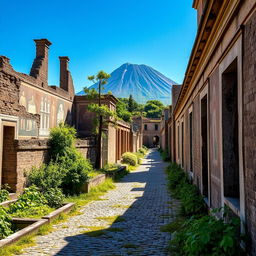 A detailed view of the preserved streets and buildings in Pompeii, showcasing the ancient Roman architecture and the cobblestone pathways