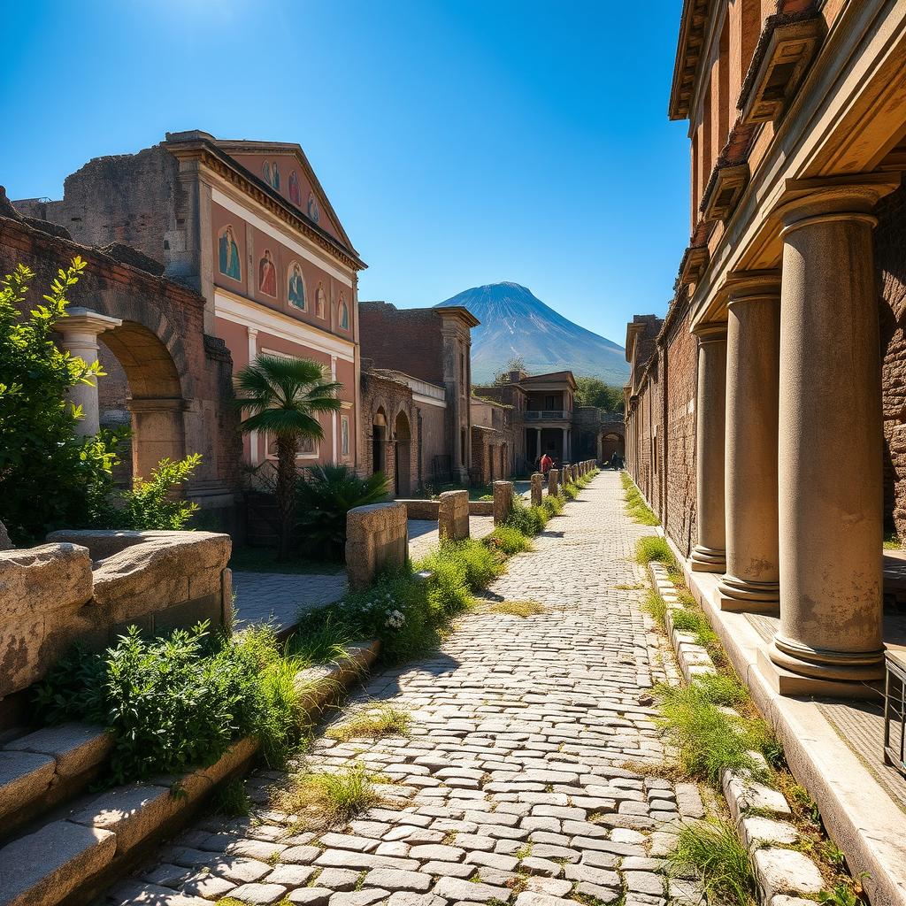 A detailed view of the preserved streets and buildings in Pompeii, showcasing the ancient Roman architecture and the cobblestone pathways