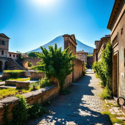 A detailed view of the preserved streets and buildings in Pompeii, showcasing the ancient Roman architecture and the cobblestone pathways