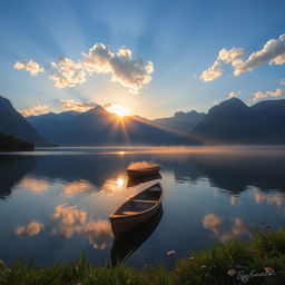 A serene and beautiful landscape of a tranquil lake surrounded by majestic mountains, with a clear blue sky and fluffy white clouds