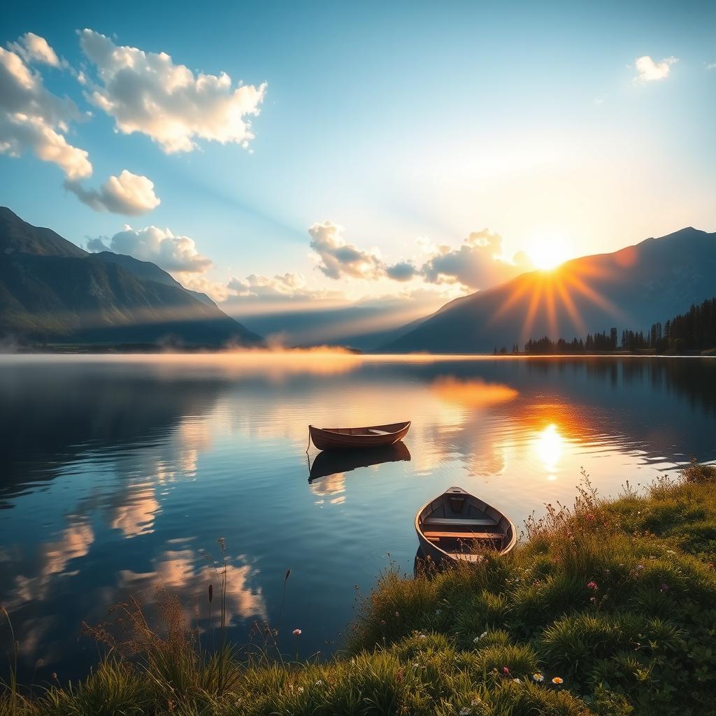 A serene and beautiful landscape of a tranquil lake surrounded by majestic mountains, with a clear blue sky and fluffy white clouds