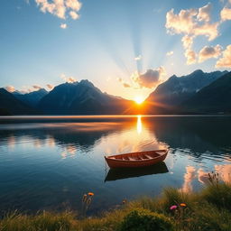 A serene and beautiful landscape of a tranquil lake surrounded by majestic mountains, with a clear blue sky and fluffy white clouds