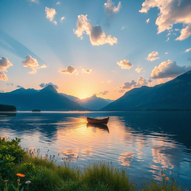 A serene and beautiful landscape of a tranquil lake surrounded by majestic mountains, with a clear blue sky and fluffy white clouds