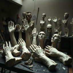 Casts of human victims in an art studio, showcasing detailed plaster casts of various body parts like hands, feet, and faces in a dimly lit environment