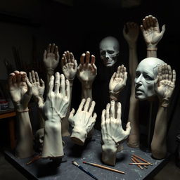Casts of human victims in an art studio, showcasing detailed plaster casts of various body parts like hands, feet, and faces in a dimly lit environment