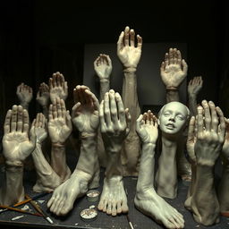 Casts of human victims in an art studio, showcasing detailed plaster casts of various body parts like hands, feet, and faces in a dimly lit environment