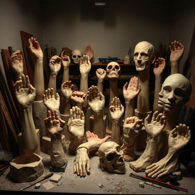 Casts of human victims in an art studio, showcasing detailed plaster casts of various body parts like hands, feet, and faces in a dimly lit environment