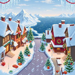 A top-down seamless pixel art background for a Christmas-themed game, depicting a cozy winter town