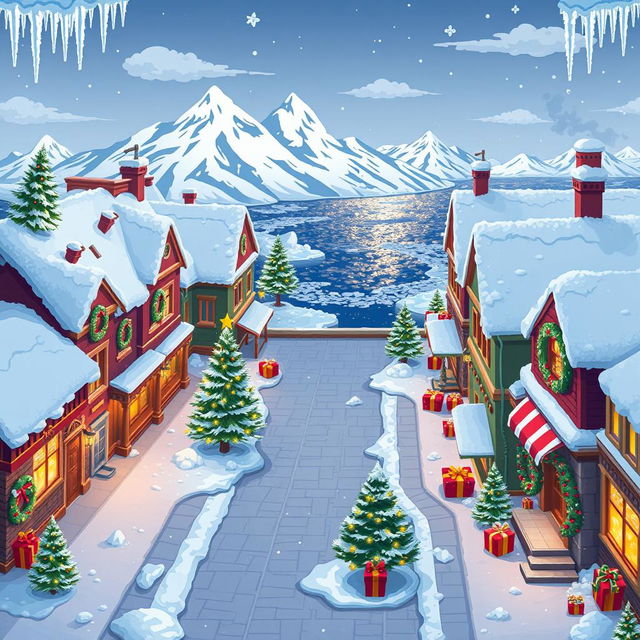 A top-down seamless pixel art background for a Christmas-themed game, depicting a cozy winter town