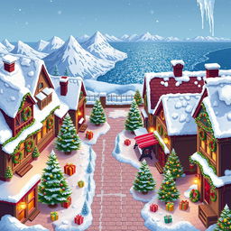A top-down seamless pixel art background for a Christmas-themed game, depicting a cozy winter town