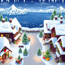 A top-down seamless pixel art background for a Christmas-themed game, depicting a cozy winter town