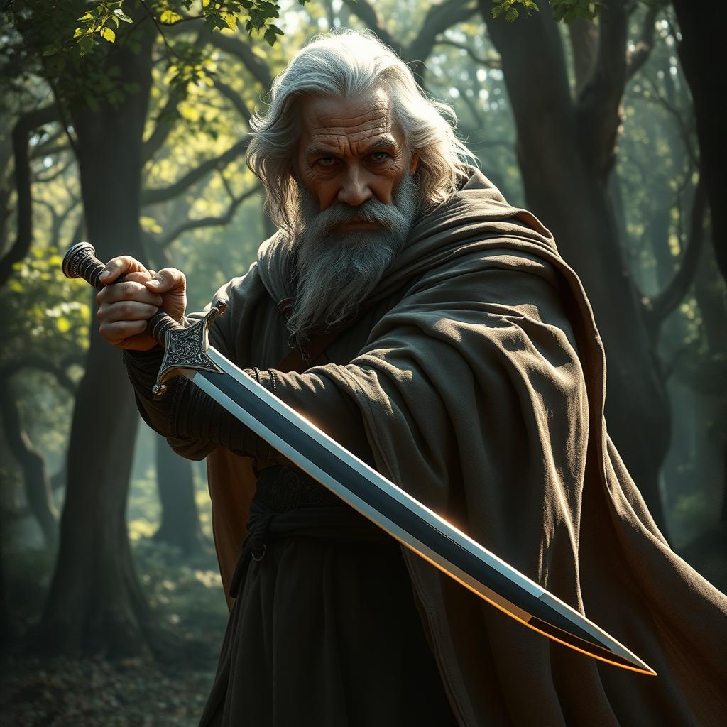 An elderly man with gray hair wielding a two-handed saber, wearing a flowing cloak that billows around him