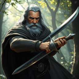An elderly man with gray hair wielding a two-handed saber, wearing a flowing cloak that billows around him