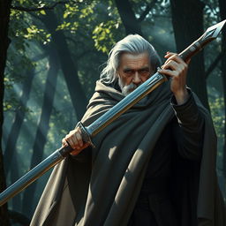 An elderly man with gray hair wielding a two-handed saber, wearing a flowing cloak that billows around him