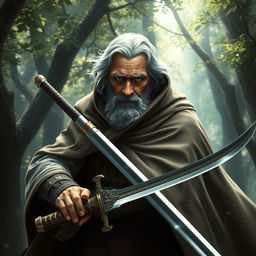 An elderly man with gray hair wielding a two-handed saber, wearing a flowing cloak that billows around him