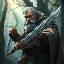 An elderly, stout man with gray hair wielding a heavy two-handed saber, dressed in a grand, flowing cloak