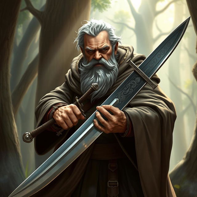 An elderly, stout man with gray hair wielding a heavy two-handed saber, dressed in a grand, flowing cloak