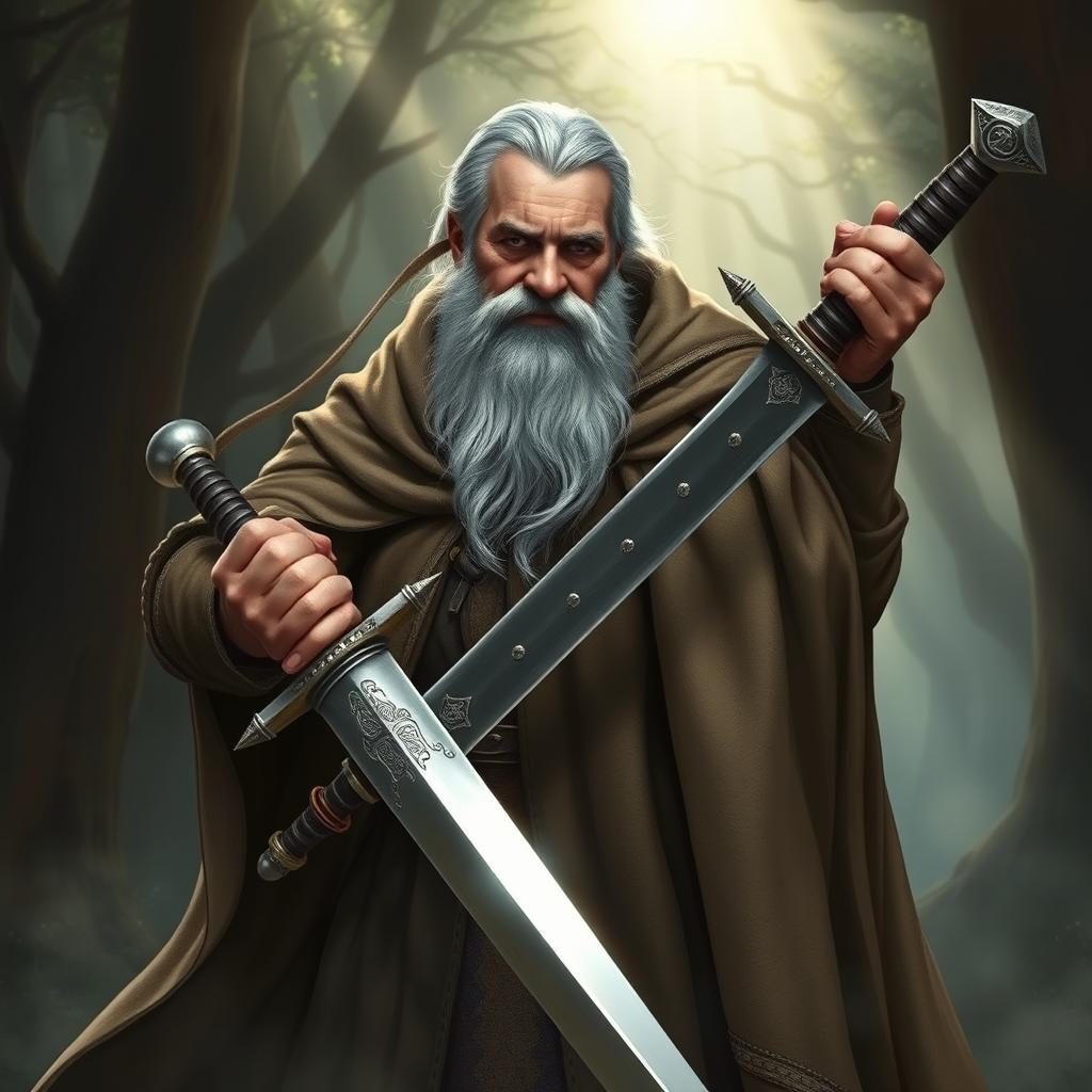 An elderly, stout man with gray hair wielding a heavy two-handed saber, dressed in a grand, flowing cloak