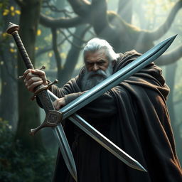 An elderly, stout man with gray hair wielding a heavy two-handed saber, dressed in a grand, flowing cloak