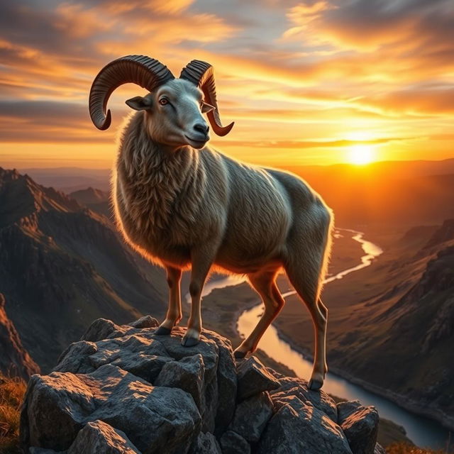 A highly detailed and realistic image of a powerful ram standing majestically on a rocky mountain ledge with a panoramic view of a valley below