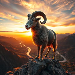 A highly detailed and realistic image of a powerful ram standing majestically on a rocky mountain ledge with a panoramic view of a valley below