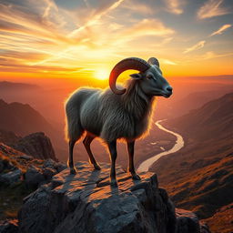A highly detailed and realistic image of a powerful ram standing majestically on a rocky mountain ledge with a panoramic view of a valley below